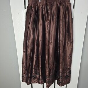 Whimsigoth Brown Floral Taffeta Maxi Skirt Medium Evening Party Black Flowers